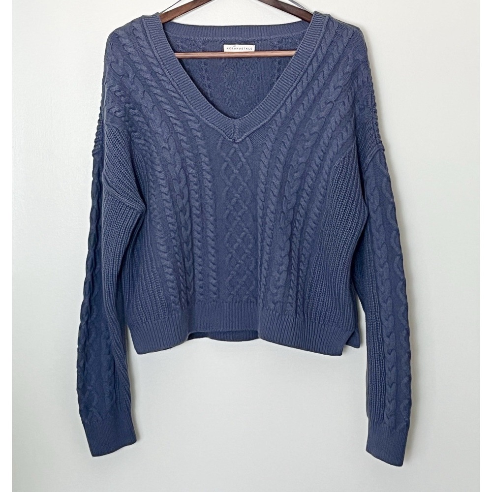 Aeropostale Cable‎ Knit Sweater Women's XL Blue V Neck Light Academia Preppy Ivy